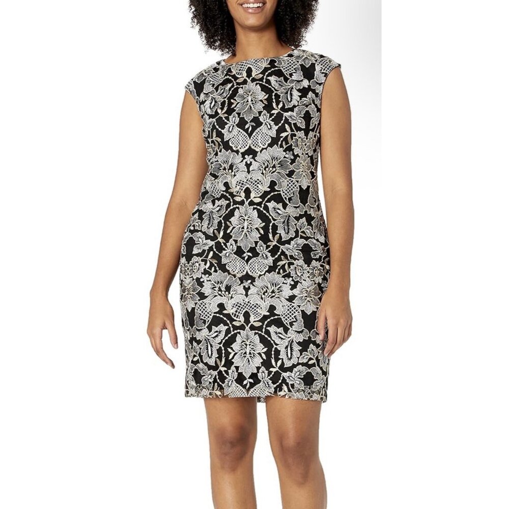 Donna Ricco Sheath Dress Women's Sz 4 Metallic Floral Embroidered Black Cocktail